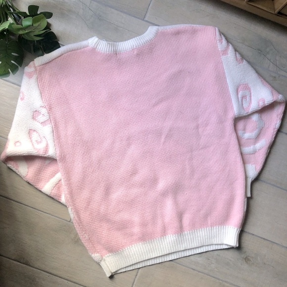 Vintage! 80s Organically grown spiral squiggle swirl white pink kawaii sweater S - Picture 3 of 6